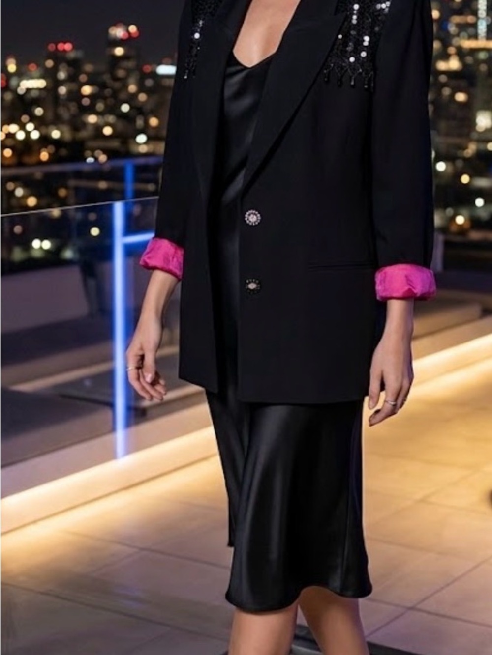 Vintage Criscione New York Black Sequin Shoulder Blazer with Pink Lining